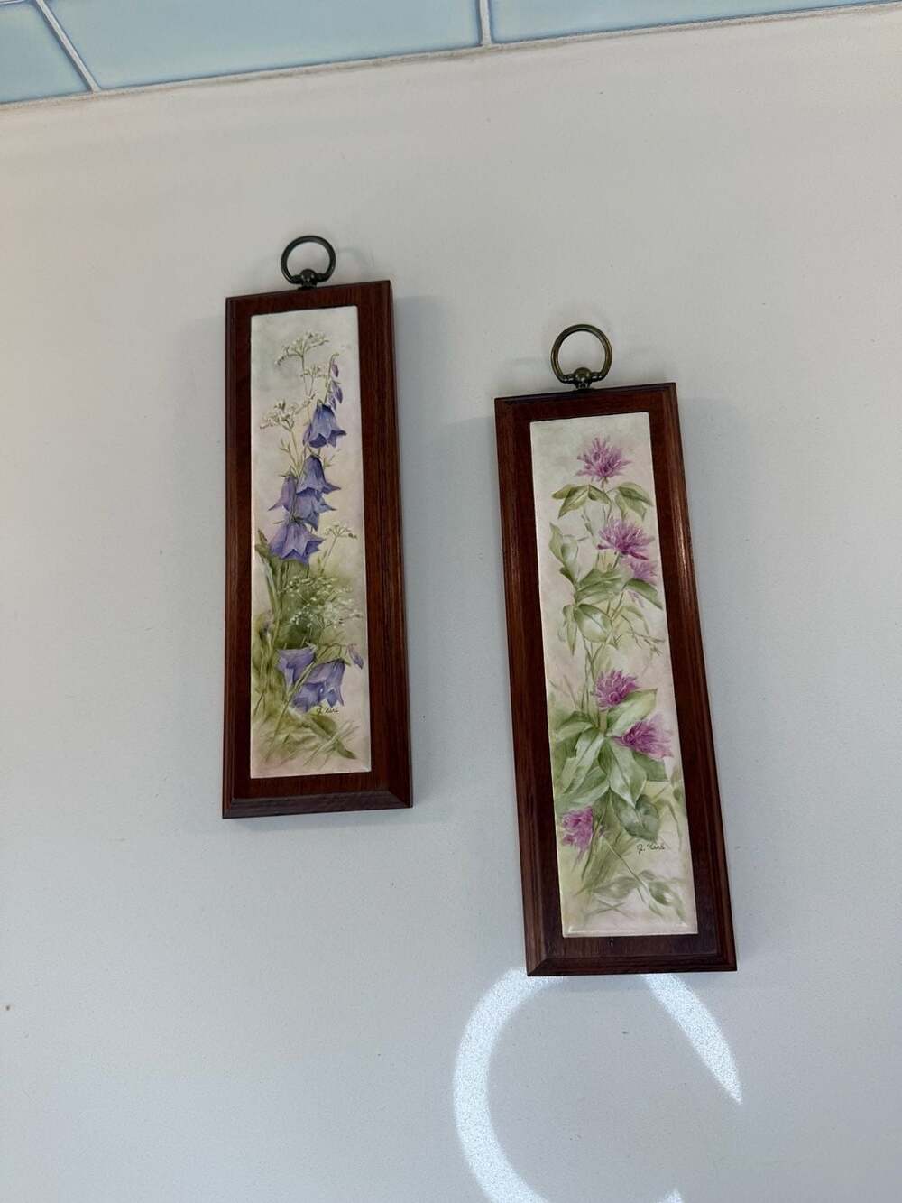 J. Kerl Signed Vintage Hand-Painted Floral Ceramic Tile Wall Plaques Set of 2